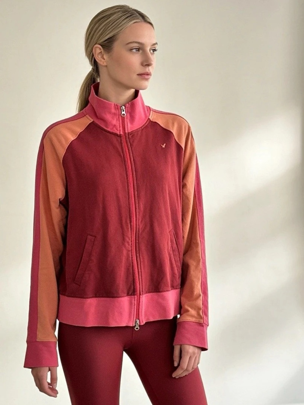 American Eagle Outfitters Color Block Track Jacket in Red & Orange XL Like New